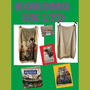 VINTAGE KOKOMO UN LTD BEADED GEISHA GIRL ABSTRACT PRINT LONG FRINGED SKIRT